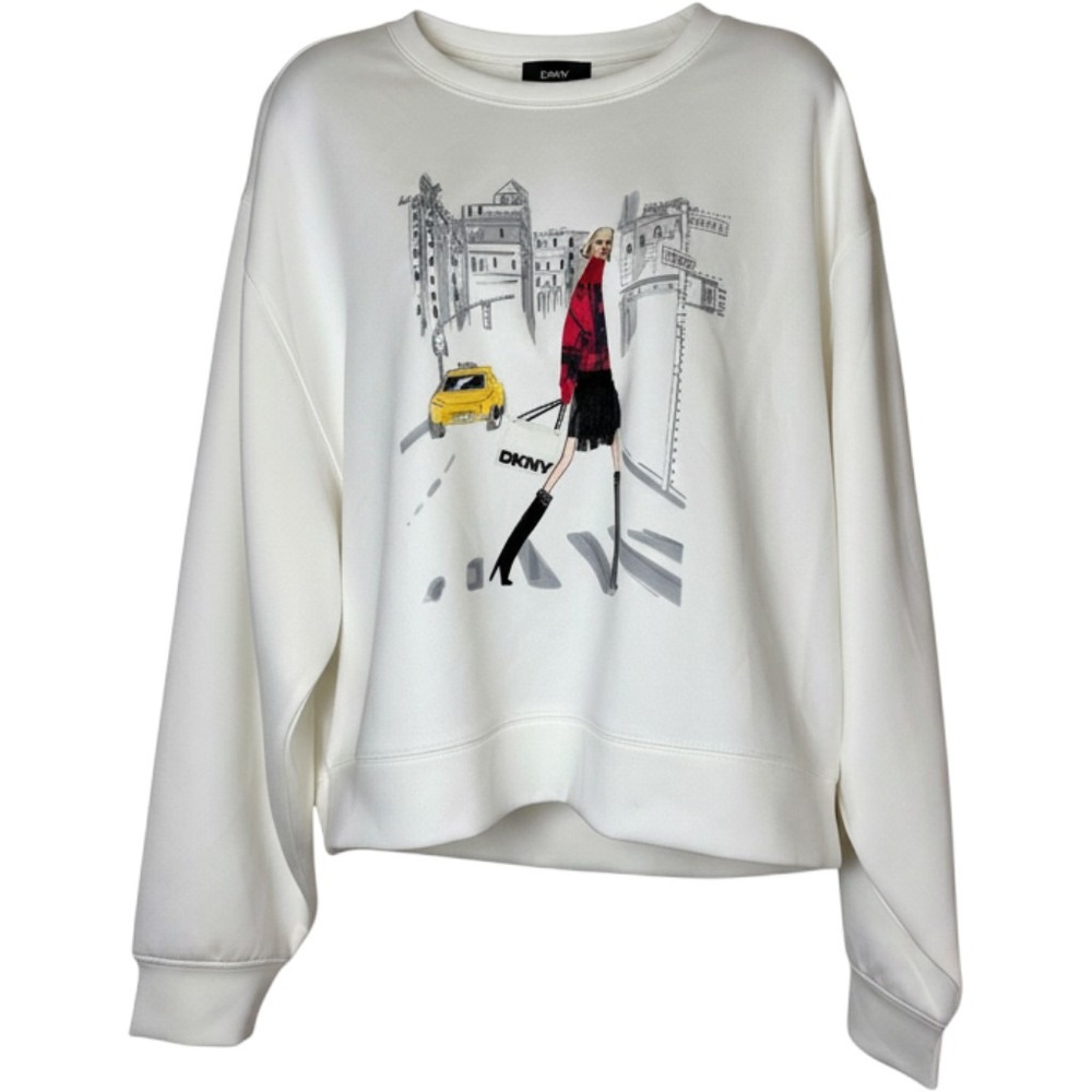 DKNY Womens White NYC Graphic Sweatshirt Rhinestone Fringe Size L Street Scene